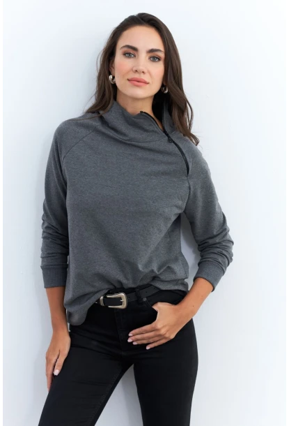 Kadın Antrasit Yakası Fermuarlı Sweatshirt TF11