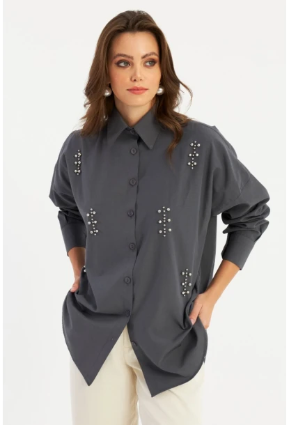 Kadın Antrasit Zımbalı Gömlek MASF1