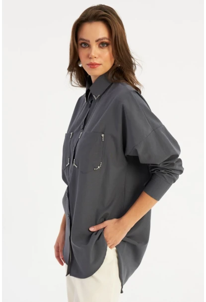 Kadın Antrasit Zımbalı Gömlek MASF2