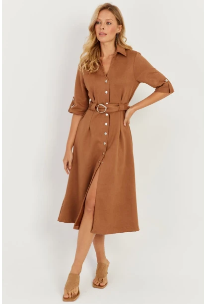Kadın Badem Nubuk Midi Gömlek Elbise KED4023