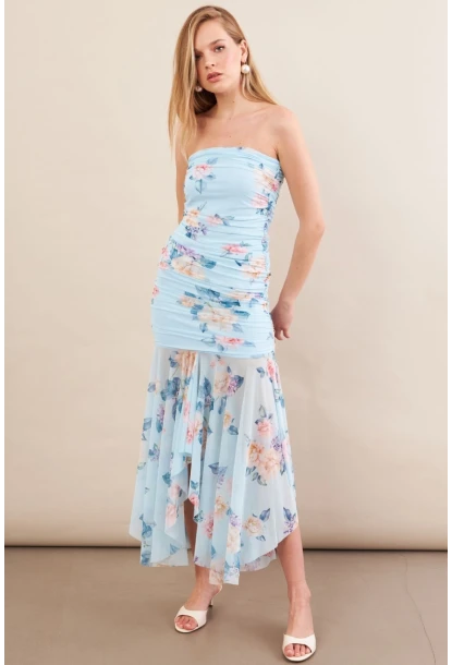 Kadın Bebe Mavi Drapeli Straplez Midi Tül Elbise ERL101