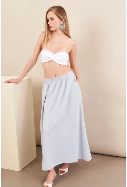 Kadın Bebe Mavi Keten Cepli Midi Etek RSP4440