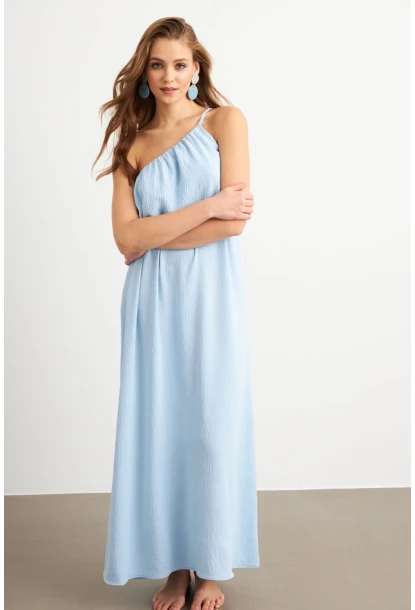 Kadın Bebe Mavi Tek Omuz Maxi Elbise İRE1012