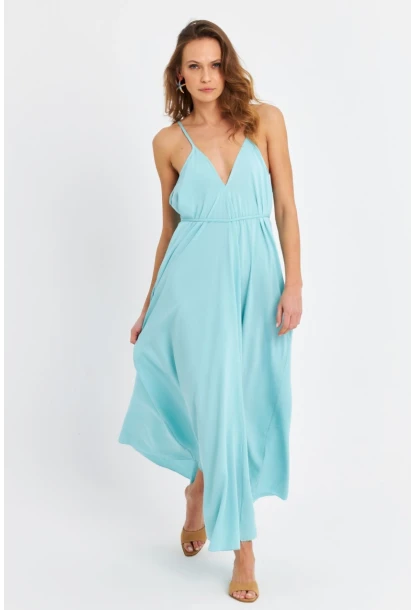 Kadın Bebe Mavi Ön Arka V Cepli Salaş Midi Elbise PC10758