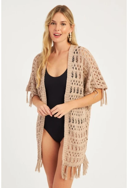 Kadın Bej Ajurlu Püsküllü Hırka YV224