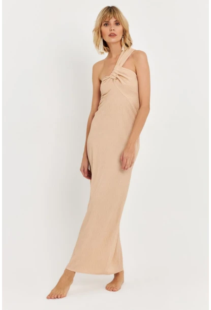 Kadın Bej Asimetrik Yaka Maxi Elbise NH25455