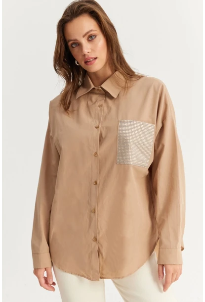Kadın Bej Cepli Taşlı Gömlek ZER414