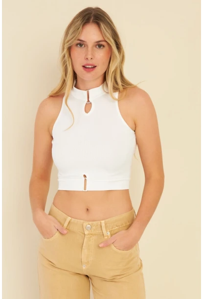 Kadın Beyaz Aksesuarlı Crop Bluz CG340