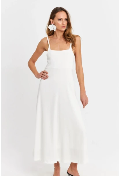 Kadın Beyaz Askılı Bürümcük Midi Elbise EY3057