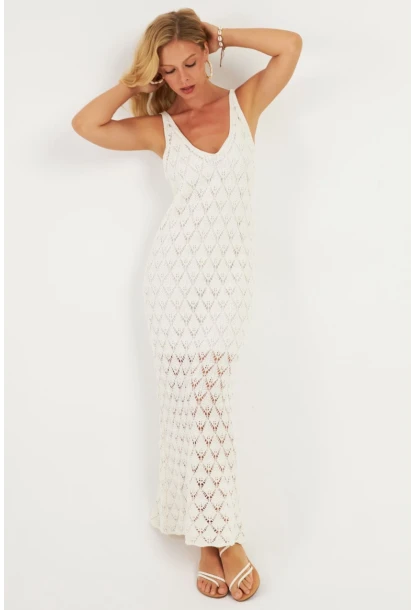 Kadın Beyaz Astarlı Triko Maxi Elbise KZ3211