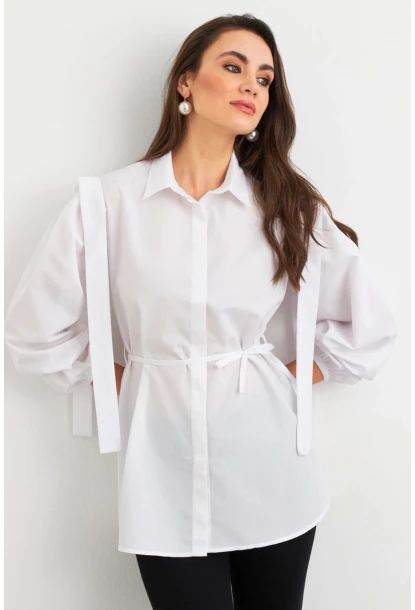 Kadın Beyaz Bağlama Detaylı Basic Gömlek MASF185