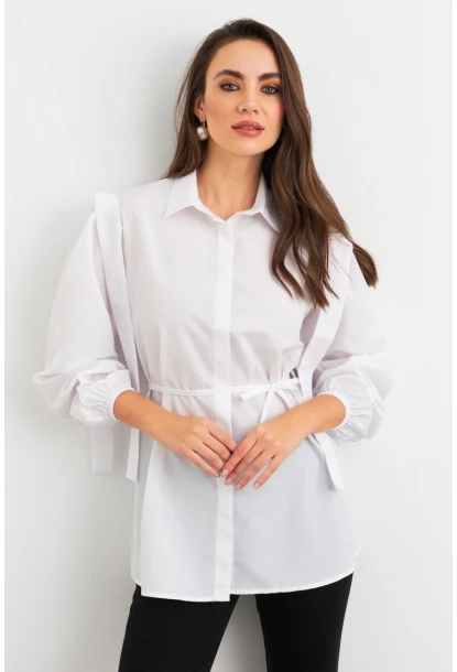 Kadın Beyaz Bağlama Detaylı Basic Gömlek MASF185