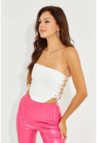 Kadın Beyaz Balenli Kuş Gözlü Sırt Fermuarlı Büstiyer YEL82