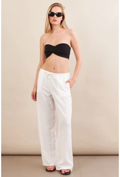 Kadın Beyaz Beli Bağcıklı Pantolon ZH105