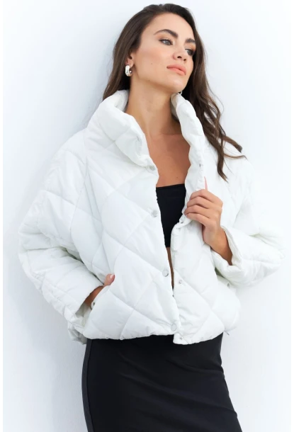 Kadın Beyaz Beli Lastikli Yarasa Kol Şişme Mont MX11