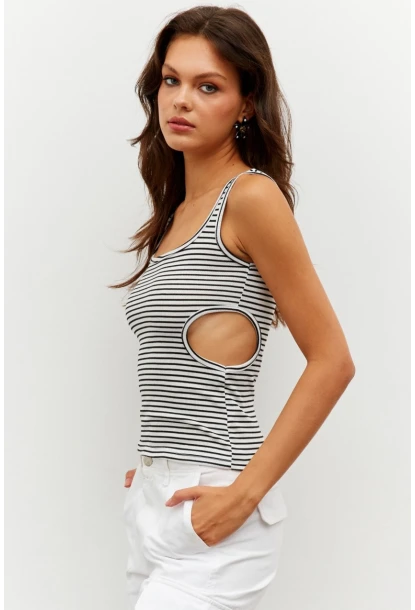 Kadın Beyaz Beli Pencereli Çizgili Kısa Bluz PP7364