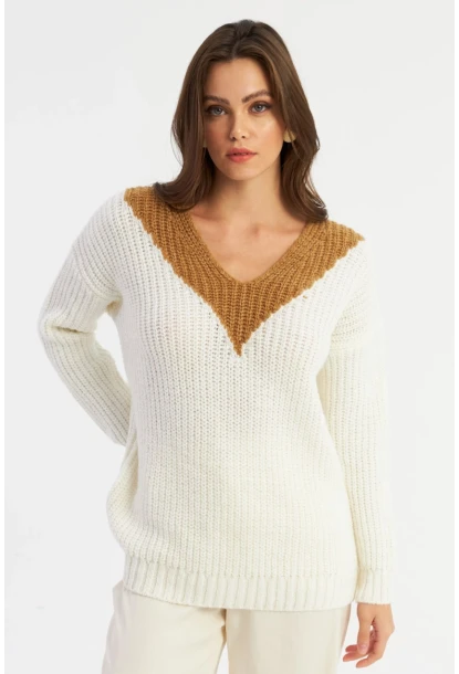 Kadın Beyaz-Camel V Yaka Triko Kazak SMT2434