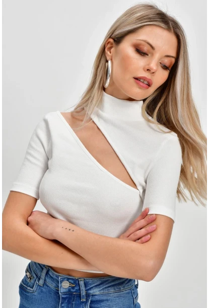 Kadın Beyaz Çapraz Yaka Kaşkorse Kısa Bluz B74