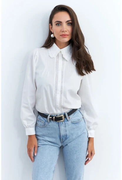 Kadın Beyaz Dantelli Balon Kol Gömlek MQS2492