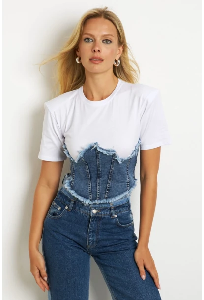 Kadın Beyaz Denim Bloklu Vatkalı  Bluz YZ636