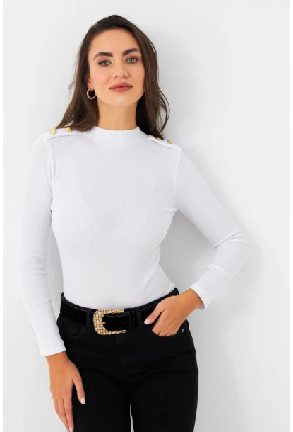 Kadın Beyaz Düğme Detaylı Bluz MAYD14