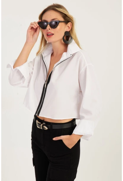 Kadın Beyaz Fermuarlı Kısa Gömlek SF2541