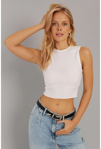 Kadın Beyaz Fitilli Crop Bluz LPP1262