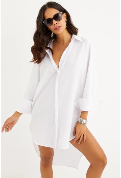 Kadın Beyaz Gizli Düğmeli Tunik Gömlek Elbise SF1292