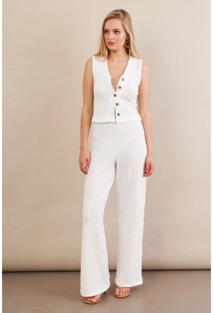 Kadın Beyaz Gofre Yelek Pantalon Takım FLU330