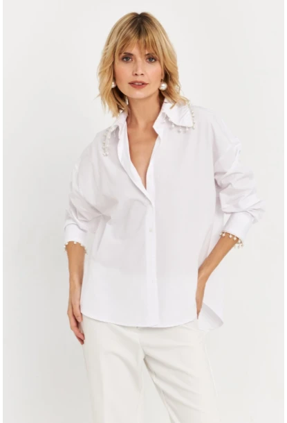 Kadın Beyaz İnci Detaylı Gömlek KED4162