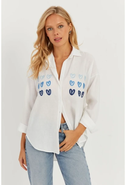 Kadın Beyaz Kalp Nakışlı Gömlek PP5391