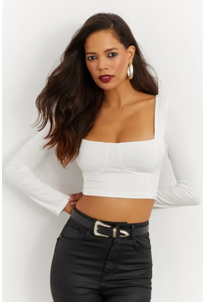 Kadın Beyaz Kare Yaka Crop Bluz CG263