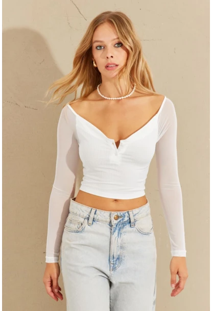 Kadın Beyaz Kolları Tül Crop Bluz CG315