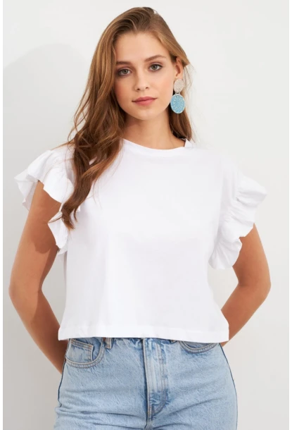 Kadın Beyaz Kolları Volanlı Crop T-Shirt SAN100
