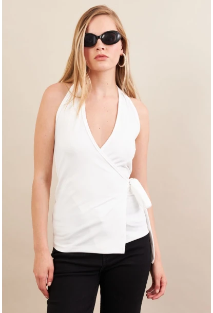 Kadın Beyaz Kruvaze Bağlamalı Bluz EY3095