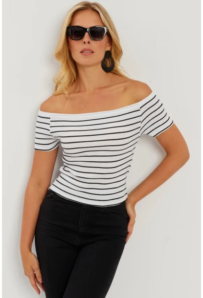 Kadın Beyaz Madonna Yaka Çizgili Kaşkorse Bluz AYD311