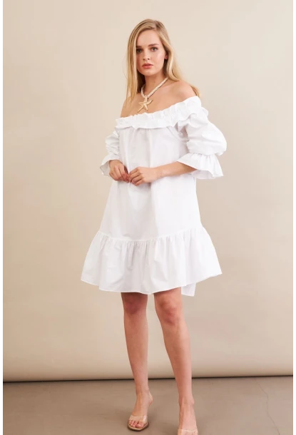 Kadın Beyaz Madonna Yaka Midi Elbise PSG1012
