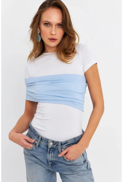 Kadın Beyaz-Mavi Çapraz Bloklu Bluz EY3073