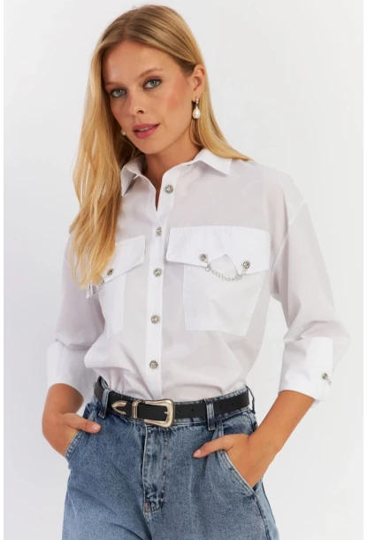 Kadın Beyaz Metal Detaylı Gömlek ASF13