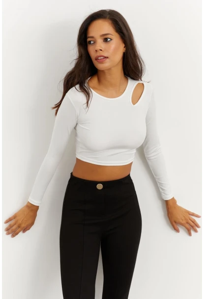 Kadın Beyaz Omuz Pencereli Crop Bluz CG262