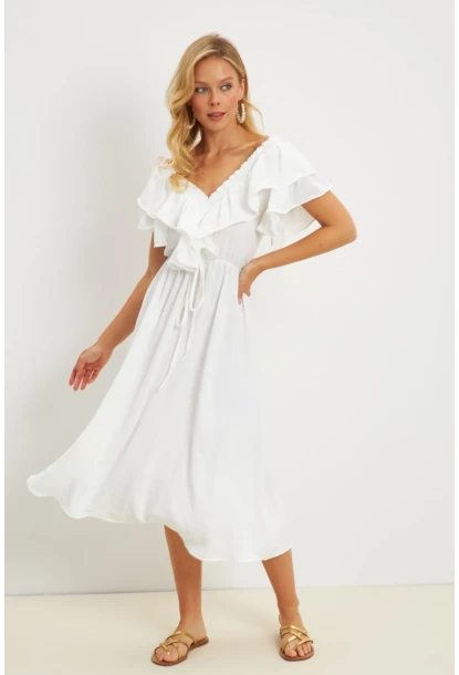 Kadın Beyaz Ön Arka V Volanlı Elbise KS113