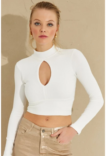 Kadın Beyaz Önü Damla Crop Bluz LPP1243