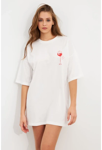 Kadın Beyaz Oversize Pijama T-Shirt TPG14