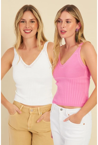 Kadın Beyaz-Pembe İkili V Yaka Triko Bluz SMT227