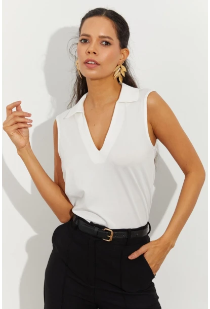 Kadın Beyaz Polo Yaka Bluz LPP1219