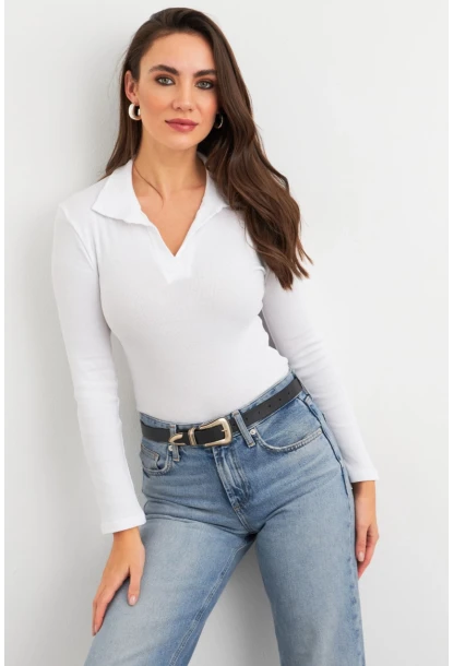 Kadın Beyaz Polo Yaka Kaşkorse Bluz LON3006