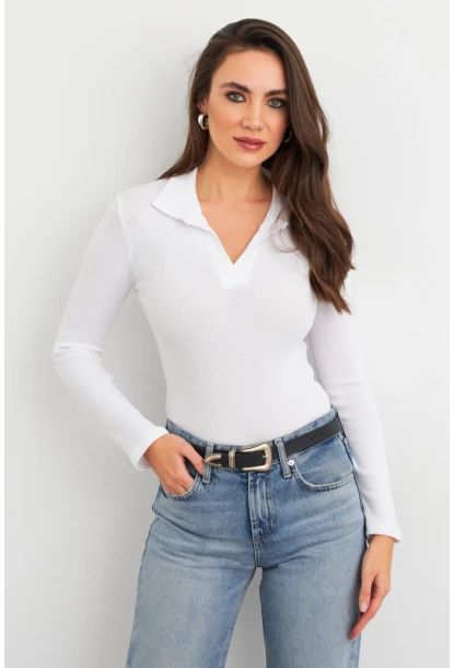 Kadın Beyaz Polo Yaka Kaşkorse Bluz LON3006