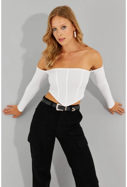 Kadın Beyaz Sırt Fermuarlı Crop Bluz CG312