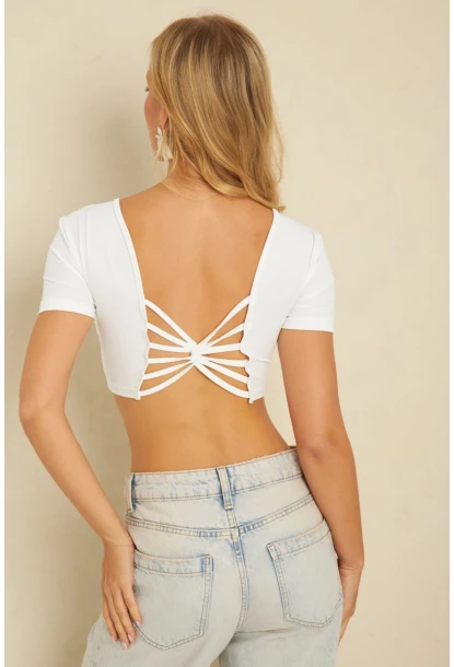 Kadın Beyaz Sırtı Açık Crop Bluz CG358