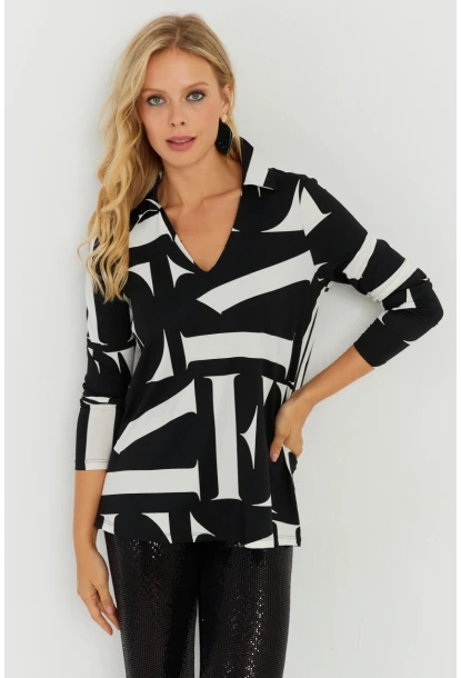 Kadın Beyaz-Siyah Desenli Polo Yaka Bluz AYD240